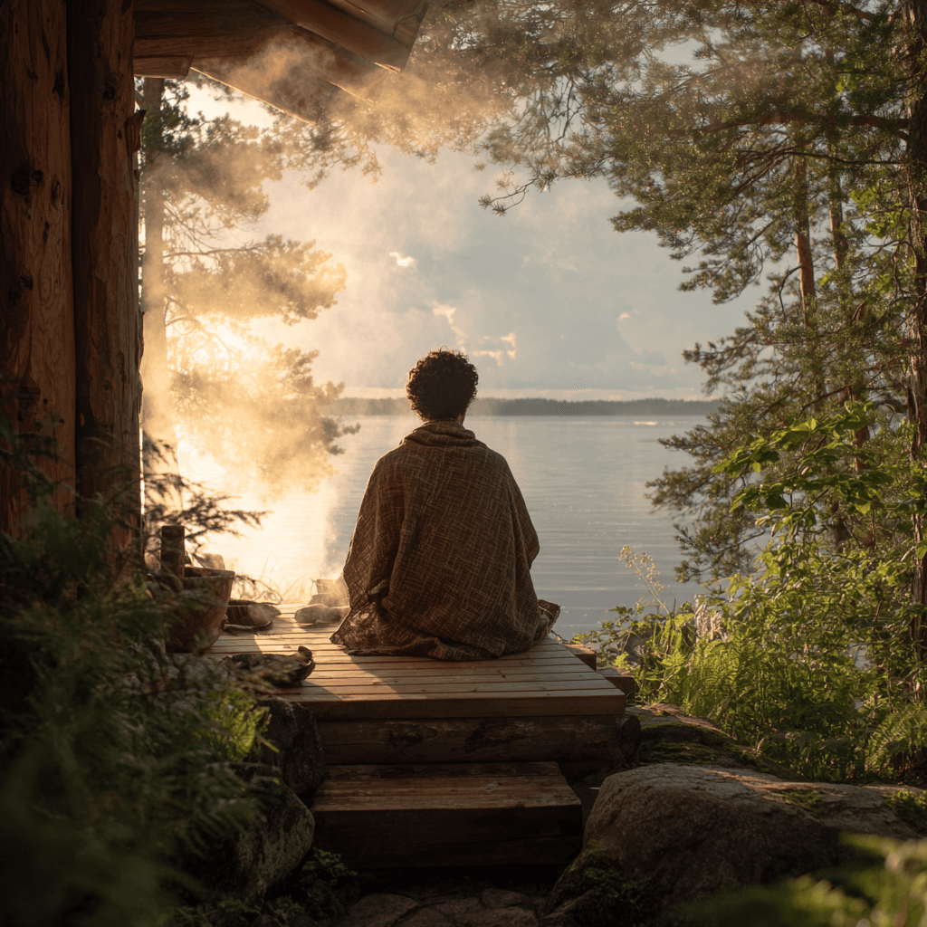 Person wrapped in linen sitting peacefully by a Finnish lakeside at sunrise